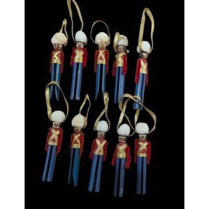 Set Of 10 Handmade Nutcracker Soldier Clothespin Ornaments With Gold Ribbon Hang